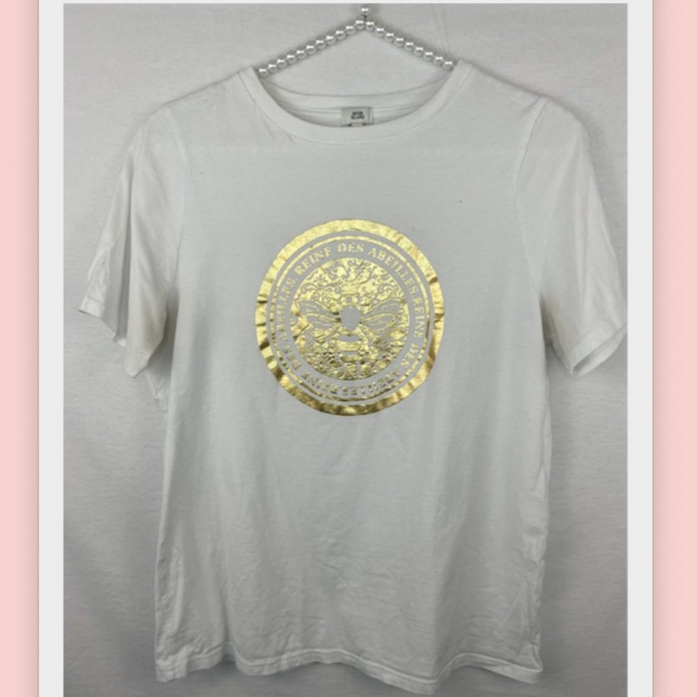 River Island T-Shirt Size M (UK 12) White Gold Bee